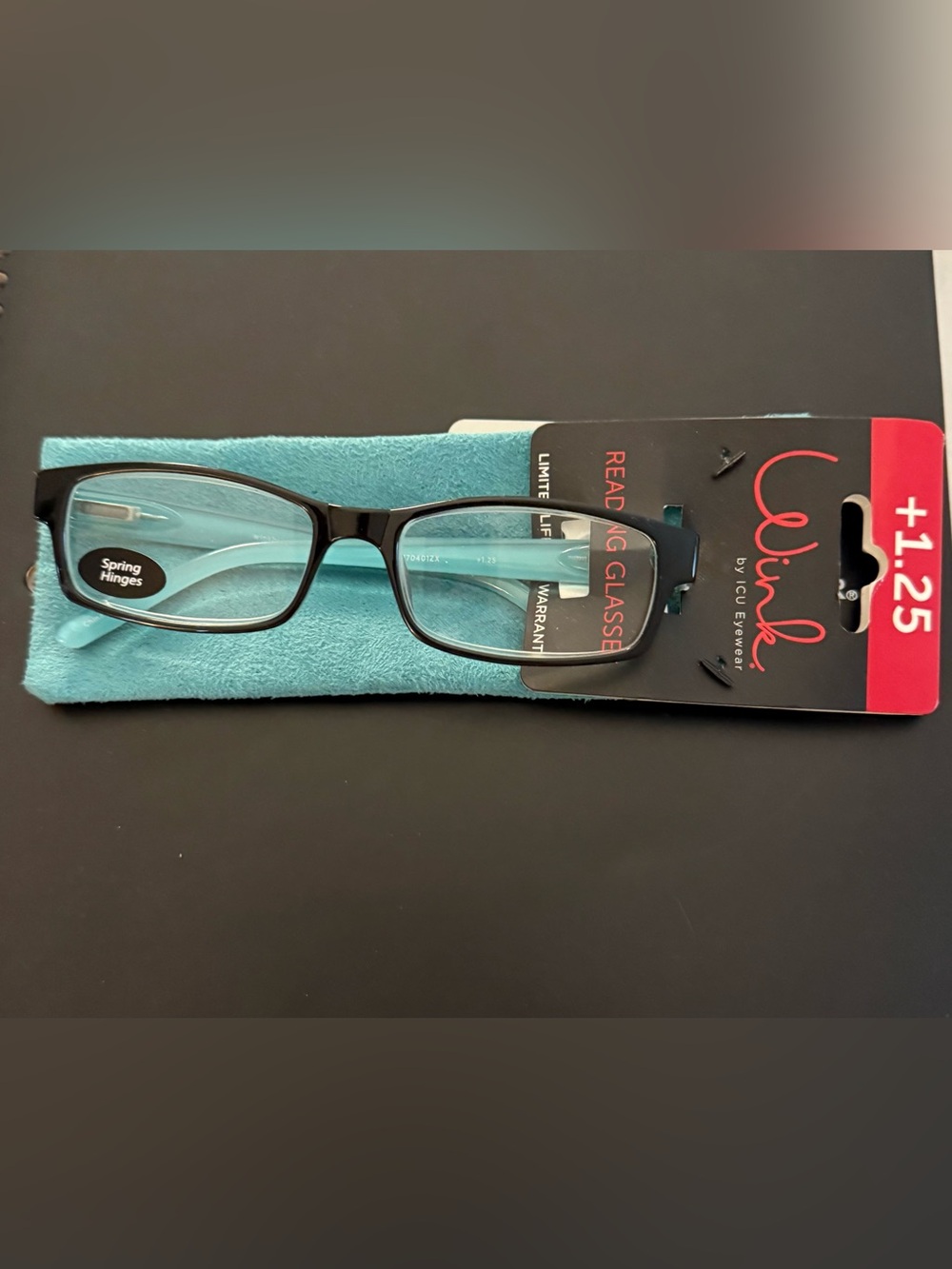 Wink Reading Glasses Black Frame with Light Blue Temples +1.25 NWT